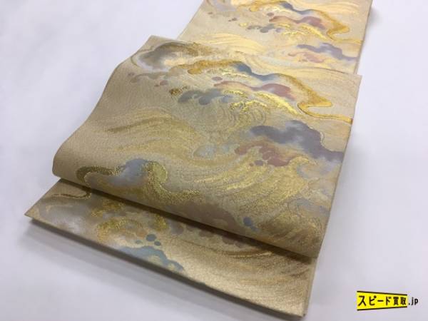 2I10-0075。名品 袋帯 波頭 金糸 太鼓柄 正絹