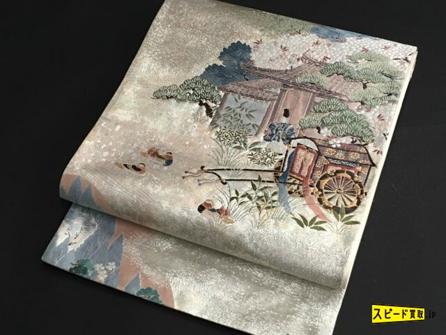 2I10-0162。 良品 袋帯 銀色 御所車 鴛鴦 草花 六通 正絹
