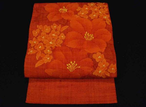 2I10-0170。名古屋帯 美品 紬帯 混紬地刺繍入花