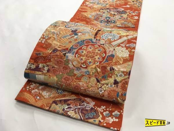 2I10-0202。名品 袋帯 宝尽 草花 鳳凰 金糸 金彩 唐織 六通 正絹